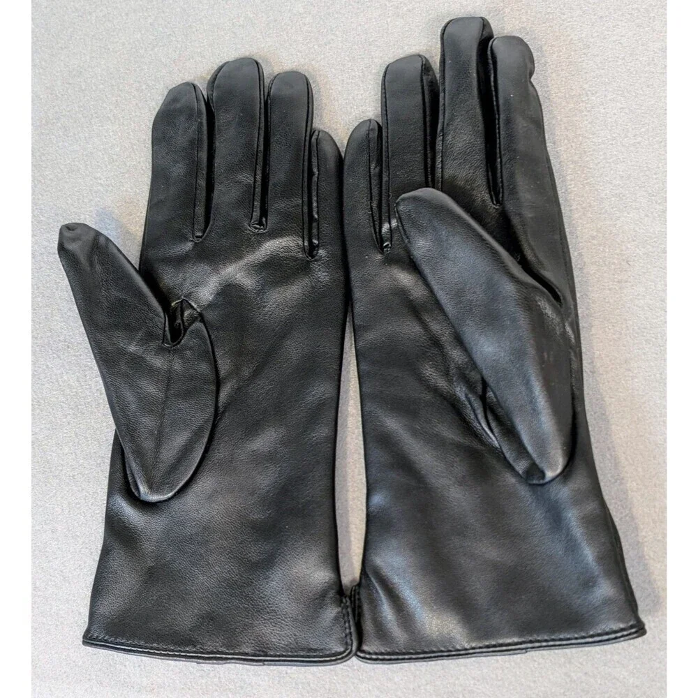 Womens Black Driving Gloves Size M PU Leather Wool Lined Classic Button Detail